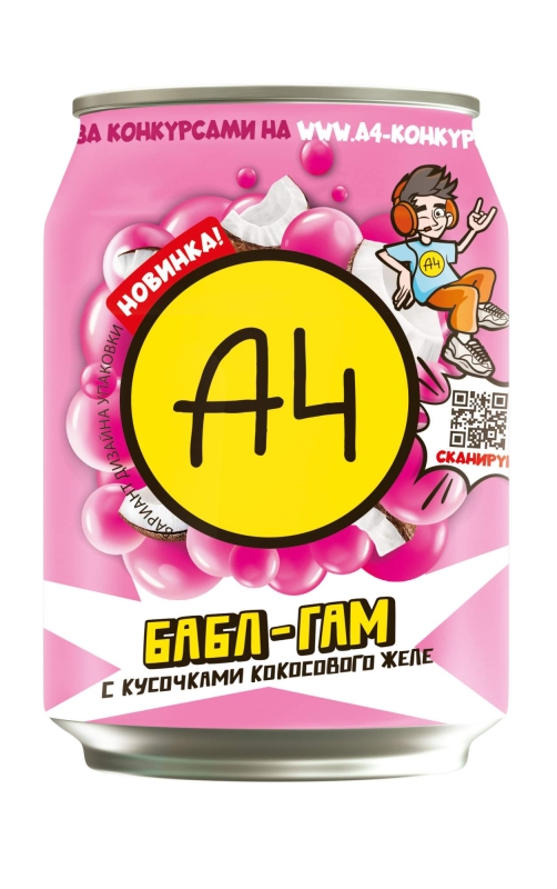 Напиток А4 "Бабл Гам"  со вкусом жевательной резинки с кусочками кокосового желе 240 мл