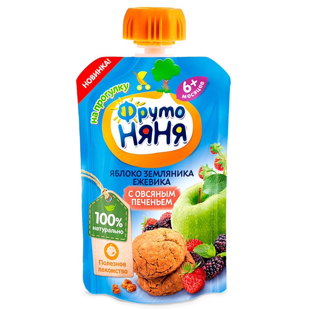 ФрутоНяня Пюре из яблок земляники ежевики с овсяным печеньем дой пак 90 г