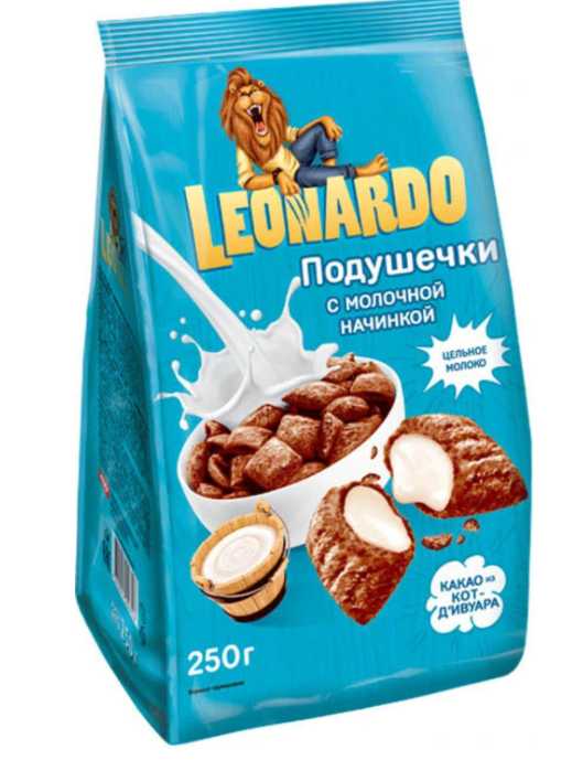 Готовый завтрак LEONARDO подушечки  с молочной начинкой 250 г