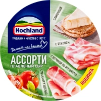 Сыр HOCHLAND "Ассорти зеленое"  (сливочный, с беконом, с томатами и зеленью, с ветчиной по-итальянски) 140 г 55%