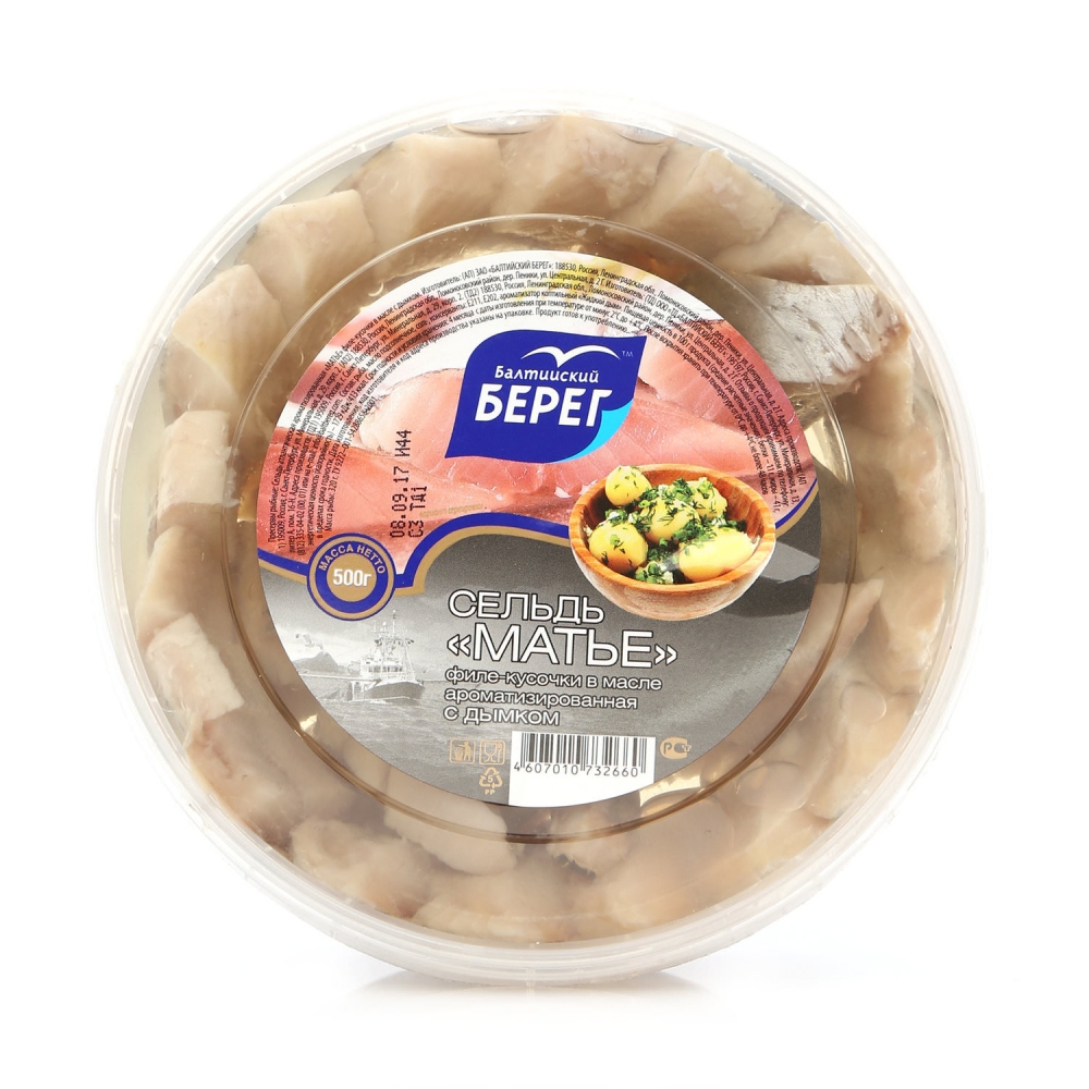 Сельдь БАЛТИЙСКИЙ БЕРЕГ "Матье" филе-кусочки в масле с дымком 180 г