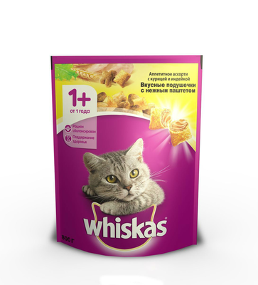 WHISKAS подушечки с нежным паштетом "Аппетитное ассорти с курицей и индейкой" 800 г