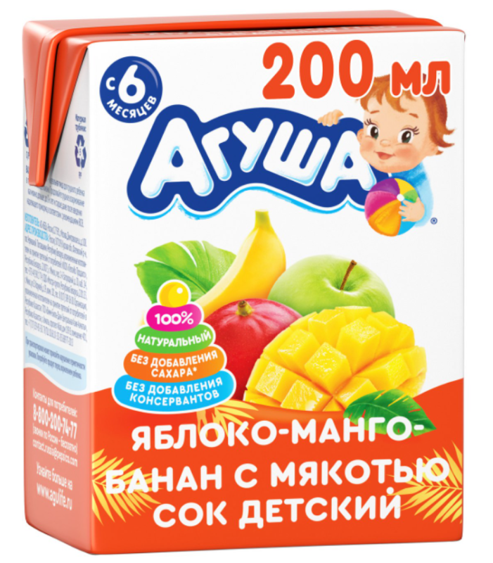 Сок АГУША яблоко-манго-банан с мякотью 0.2 л