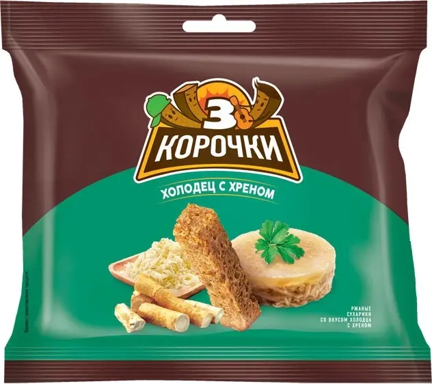 Сухарики ТРИ КОРОЧКИ ржано-пшеничные холодец с хреном 100 г