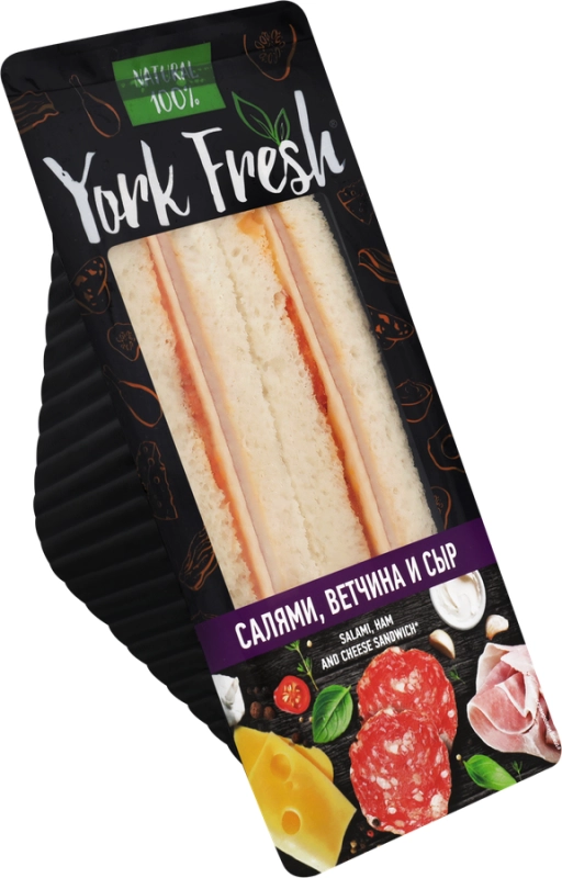 Сэндвич с салями,ветчиной и сыром зам.Йорк фреш 150гр Сэндвич с салями,ветчиной и сыром зам.Йорк фреш 150гр