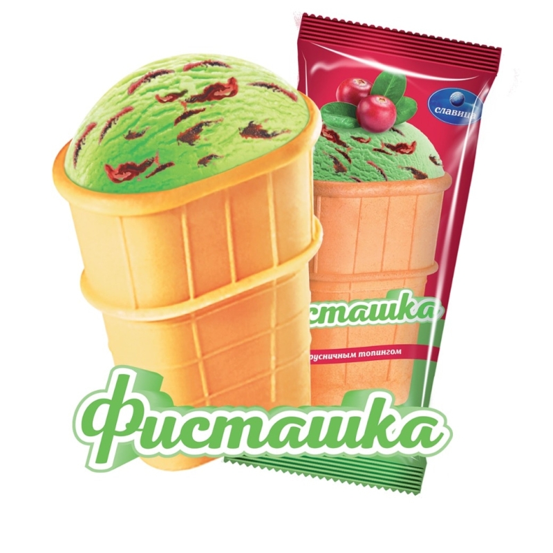 Мороженое СЛАВИЦА "Фисташка" с брусничным топингом в плоском вафельном стаканчике 90 г