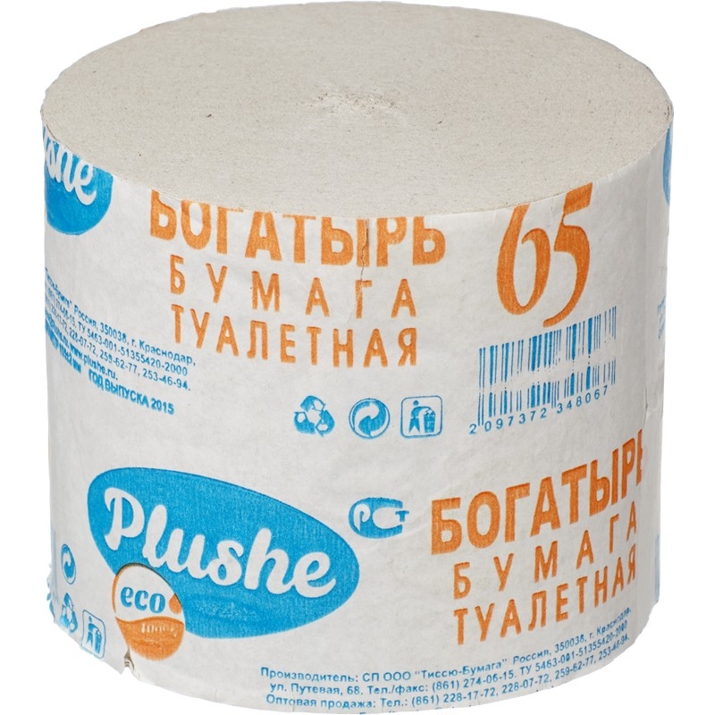 Бумага туалетная PLUSHE "Богатырь+" однослойная серая без втулки