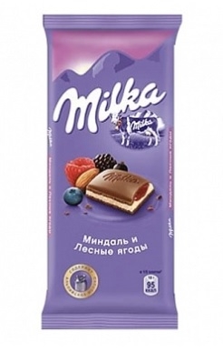 Шоколад MILKA молочный миндаль и лесные ягоды 90 г