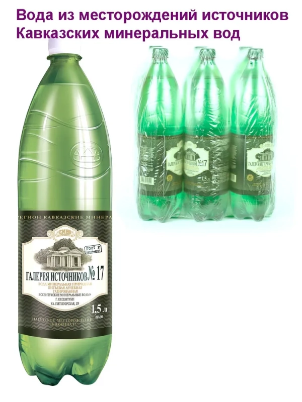 Вода минеральная ЕМВ "Галерея источников №17 г. Ессентуки" лечебная газированная 1.5 л